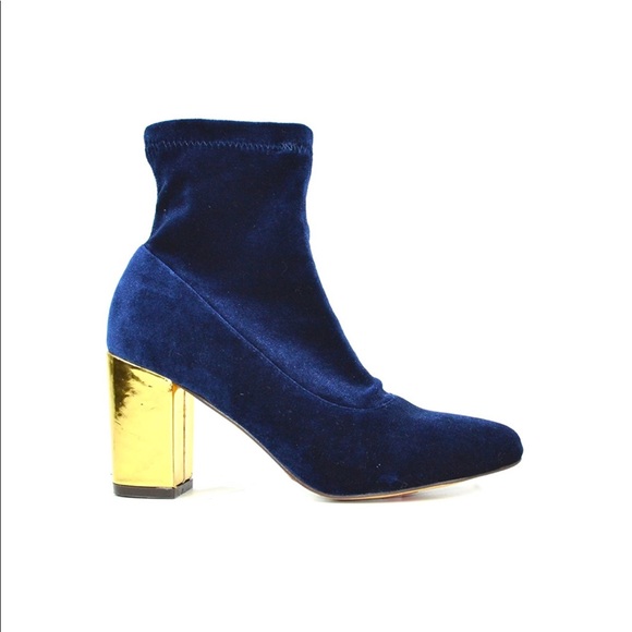 Gold Heel Pointy Toe Velvet Sock Ankle Booties - Picture 5 of 5